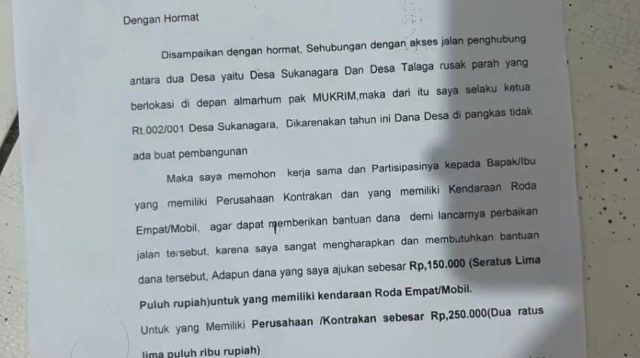 Beredar! Ketua RT Desa Sukanagara Cikupa Tangerang Keluarkan Surat Minta Duit Bangun Jalan