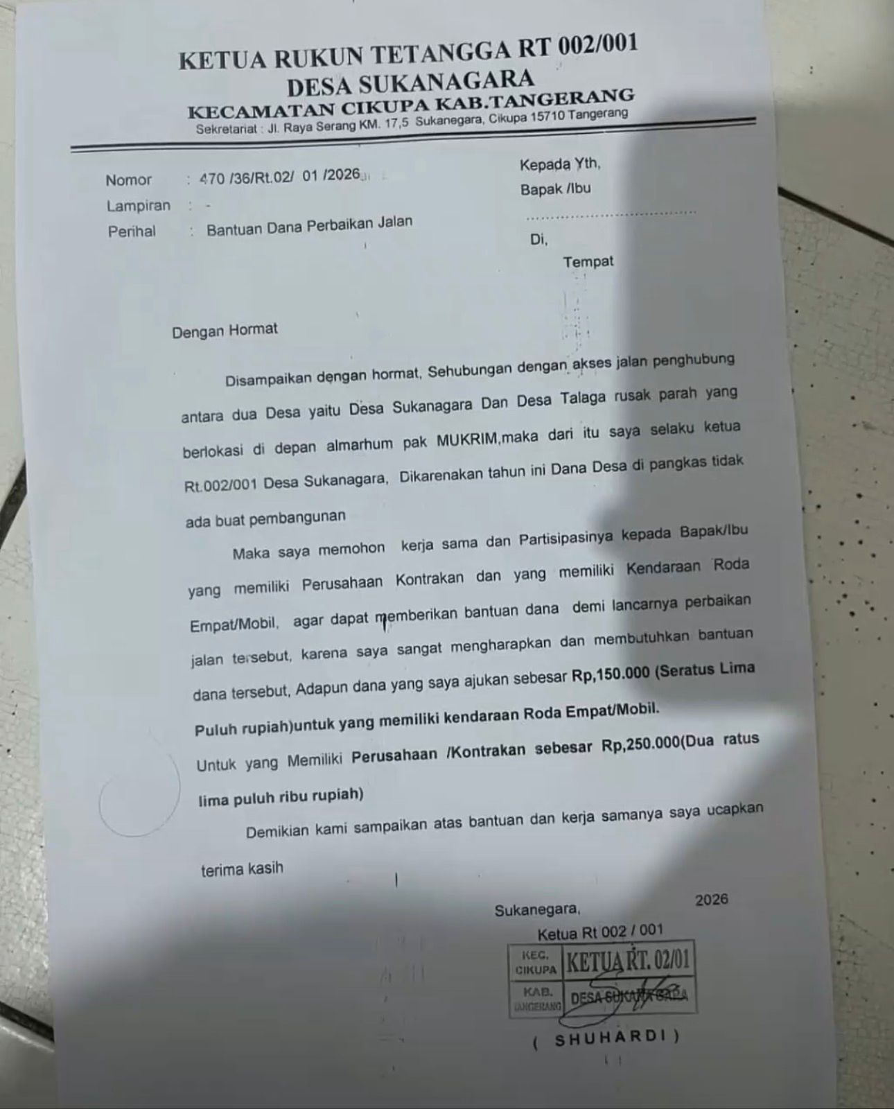 Beredar! Ketua RT Desa Sukanagara Cikupa Tangerang Keluarkan Surat Minta Duit Bangun Jalan