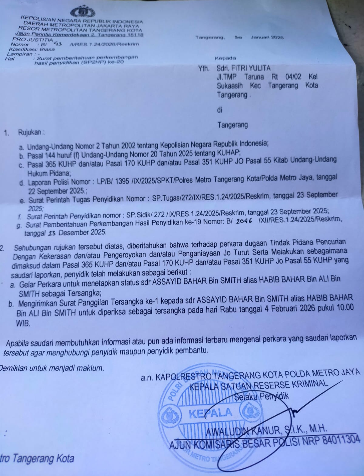 Habib Bahar Bin Smith Ditetapkan Tersangka Kasus Dugaan Persekusi Kader Banser di Kota Tangerang