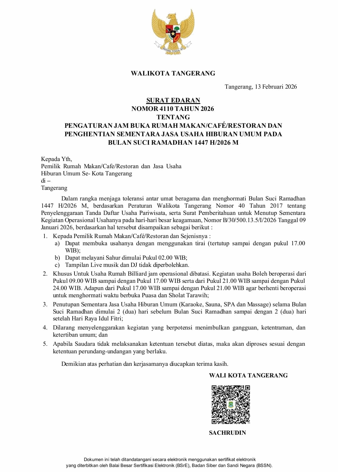 Live Music dan DJ Dilarang, Ini Aturan Selama Ramadan 2026 di Kota Tangerang