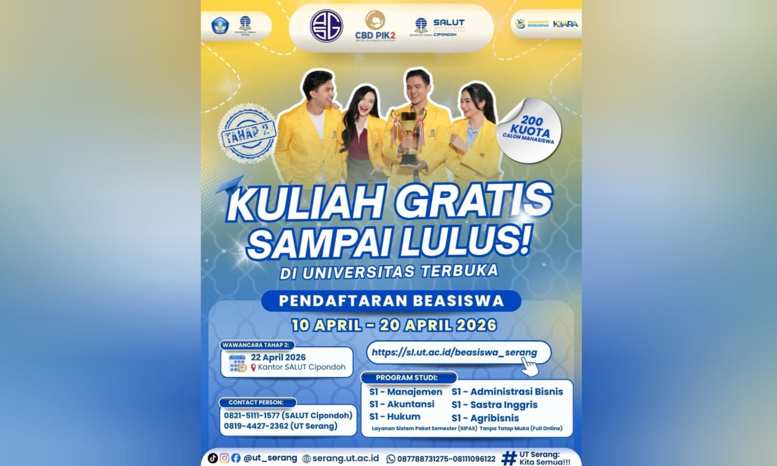 Kuliah Gratis Sampai Lulus! ASG-UT Serang Buka Beasiswa 2026, Kuota 200 Orang