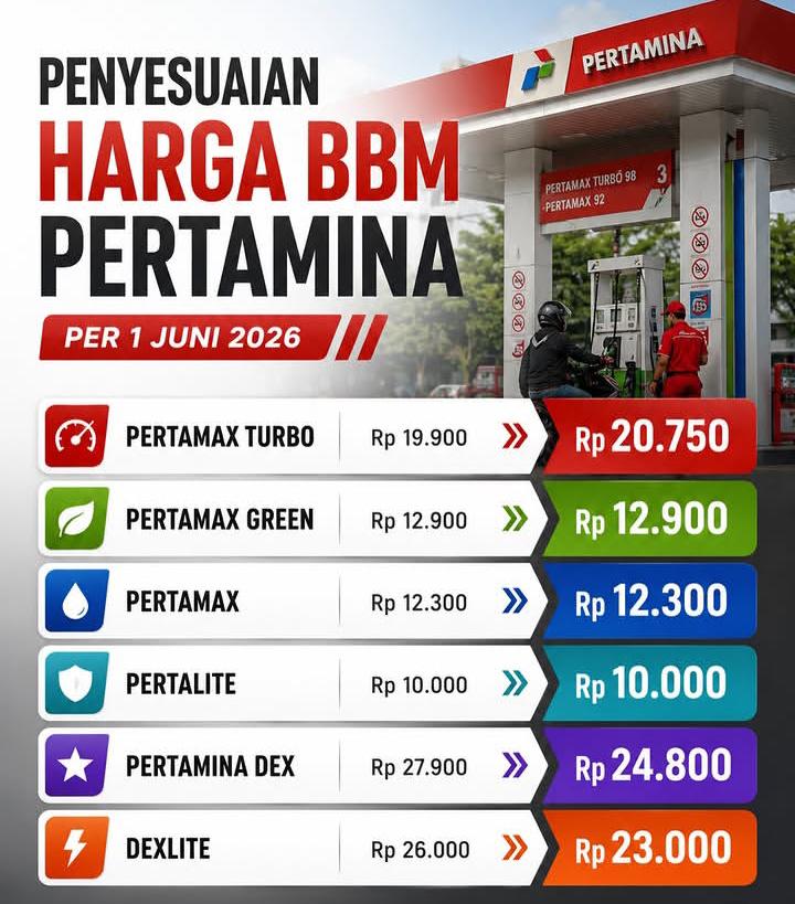 Pertamina menyesuaikan harga BBM per 1 Juni 2026.